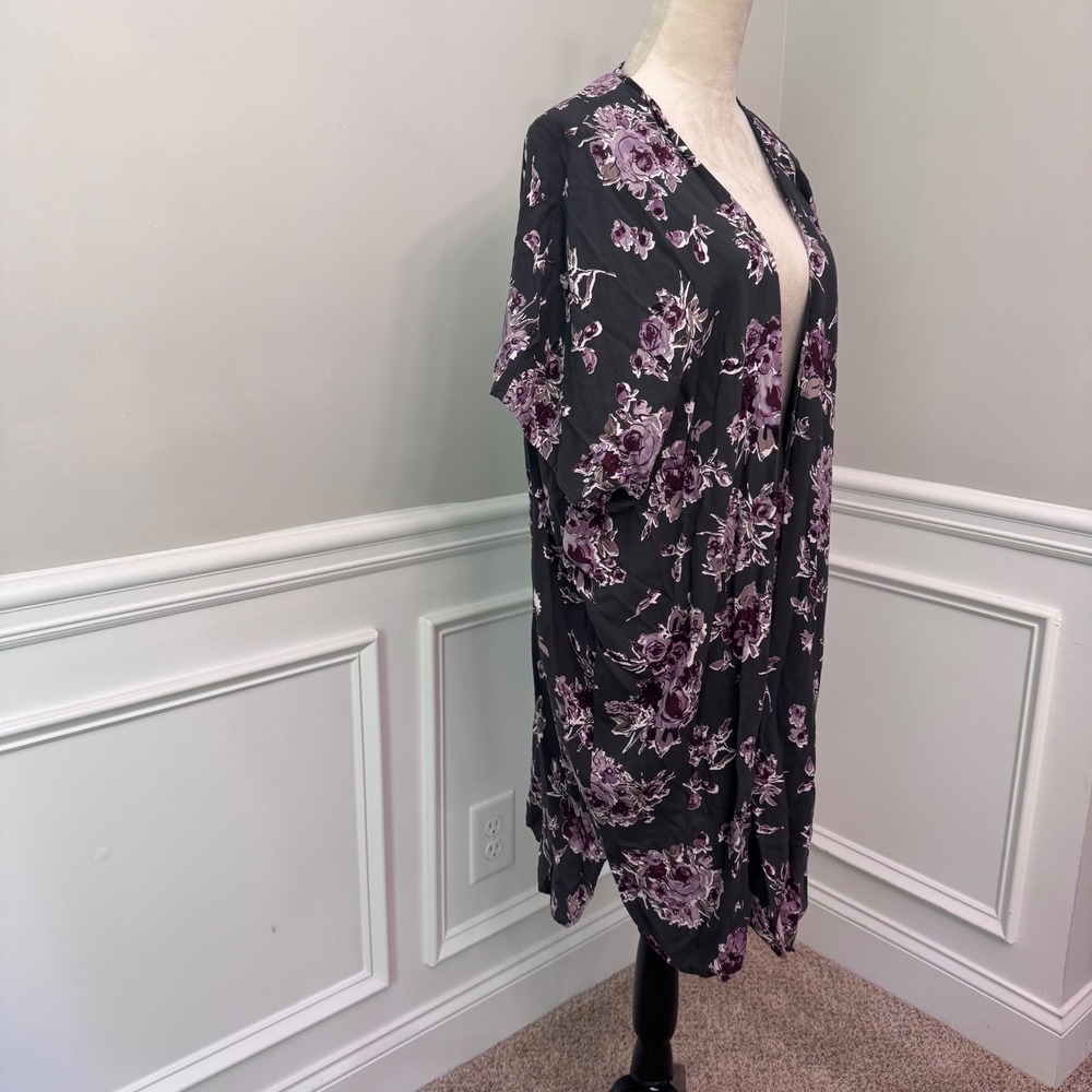 Womens Floral Open Front Kimono Wrap Purple Rose Oversized Cardigan Cover Up - Picture 4 of 12